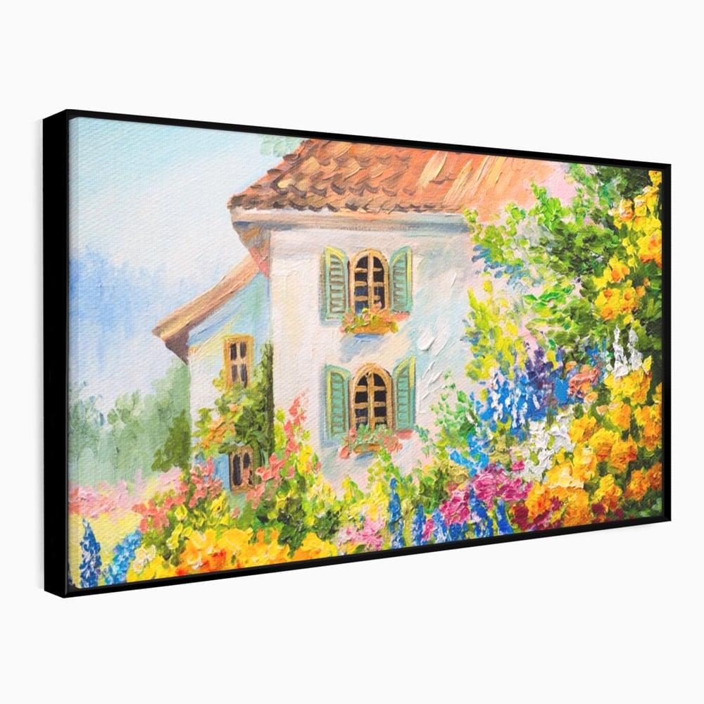 Tablou canvas cu pictura cu casa alba si flori, in rama de aluminiu negru